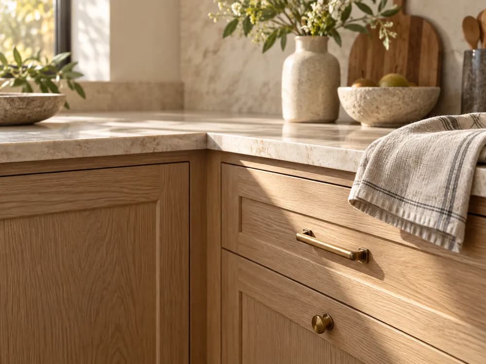 Illustrative oak cabinetry detail for a Cedar and Stone campaign post